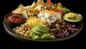 Grilled beef taco plate with fresh guacamole dip generated by AI photo