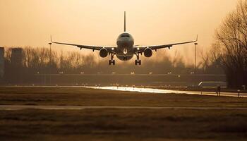 Commercial airplane taking off at dusk, propeller in motion, front view generated by AI photo