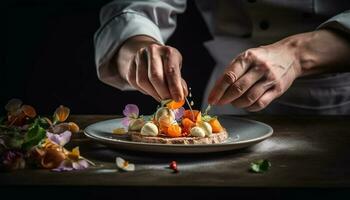 Caucasian chef prepares gourmet meal with fresh organic vegetables indoors generated by AI photo