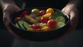 Fresh vegetarian salad bowl with organic ingredients and multi colored veggies generated by AI photo