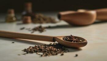 Organic spice heap on wooden table, close up of scented ingredients generated by AI photo