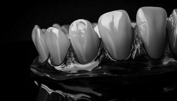 Shiny metallic dental equipment reflects enamel on human teeth generated by AI photo