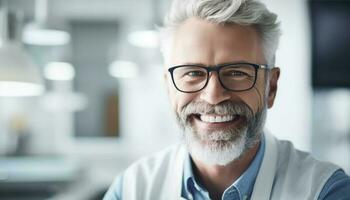 gray haired businessman with eyeglasses smiling confidently at camera indoors generated by AI photo