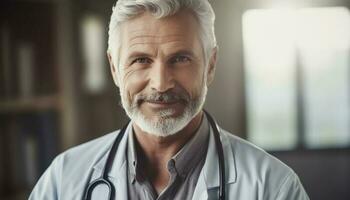 Confident mature doctor with gray hair smiling, looking at camera generated by AI photo