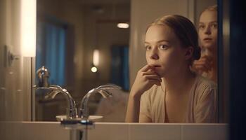 Smiling young woman cleaning bathroom sink with reflection of child generated by AI photo