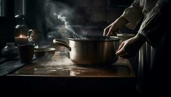 One person cooking soup indoors on a stove with steam generated by AI photo