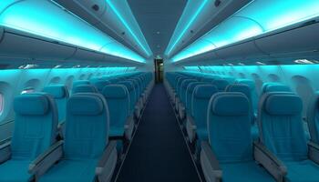 Passengers sitting in a row on a modern blue airplane generated by AI photo