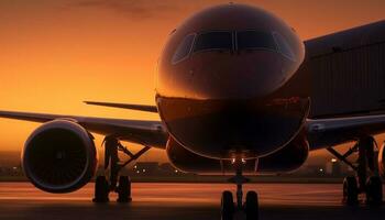 Sunlit cargo airplane taking off at dusk from airport runway generated by AI photo