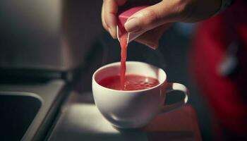 Caucasian hand pouring hot cappuccino, steam rising, indoor relaxation generated by AI photo