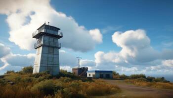 Modern wind turbine generates electricity on the coastline at dusk generated by AI photo