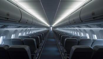 Inside a modern commercial airplane, flying towards a vanishing point generated by AI photo