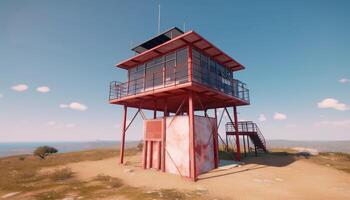 Modern lifeguard hut built with metal and wood overlooking coastline generated by AI photo