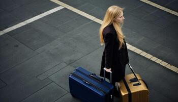 joven mujer de negocios caminando con equipaje, dejando aeropuerto terminal para viaje generado por ai foto