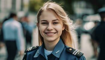 confidente joven mujer en pie al aire libre, sonriente con con dientes alegría generado por ai foto