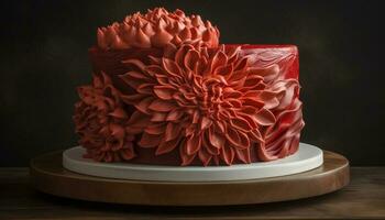 Indulgent homemade chocolate dessert with fresh strawberry and flower decoration generated by AI photo