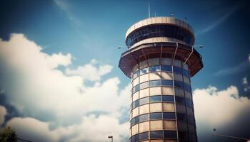 moderno arquitectura construido estructura refleja en avión ventana durante viaje generado por ai foto