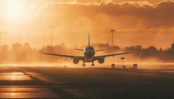 Silhouette of commercial airplane taking off at sunset, transporting passengers generated by AI photo