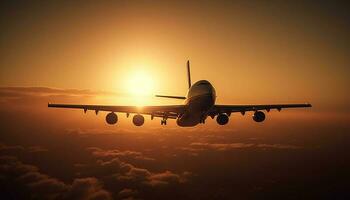 volador comercial avión tomando apagado a atardecer, silueta en contra naranja cielo generado por ai foto