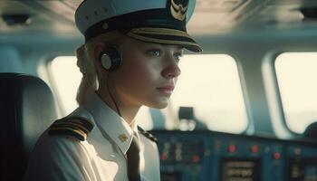 joven adulto caucásico mujer pilotos comercial avión con auriculares adentro generado por ai foto
