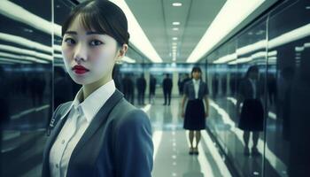 Confident businesswoman walking through futuristic office corridor, looking at camera generated by AI photo