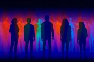 Human silhouettes neon colors purple, orange, blue on dark fiolet background. AI generative photo