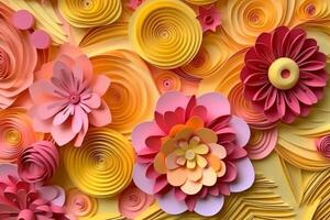 3D yellow and pink flowers layered forms, paper quilting pattern, vibrant colors. photo