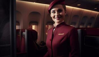 sonriente cabina personal en uniforme en pie dentro comercial avión, mirando confidente generado por ai foto