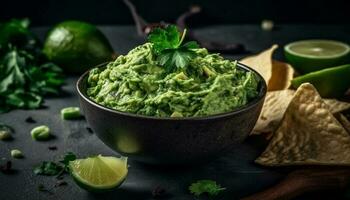 Fresco guacamole inmersión con cilantro, Lima, y aguacate en un cuenco generado por ai foto