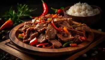 Grilled steak with fresh vegetables, homemade sauce, and rustic crockery generated by AI photo