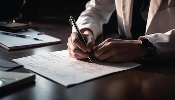 Businessman and businesswoman analyzing data on paper at office desk generated by AI photo