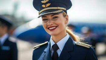 Smiling young adult Caucasian women in cabin crew uniform looking confident generated by AI photo