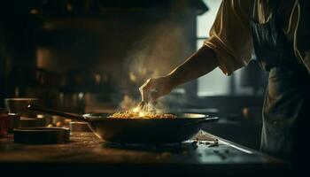 uno hombre Cocinando sano comida en Doméstico cocina con ingredientes generado por ai foto