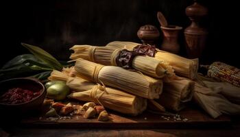 Foreground focus on rustic bowl of fresh organic vegetable stack generated by AI photo