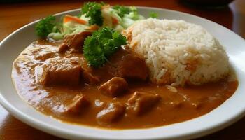 A savory East Asian meal with steamed rice, pork, and vegetables generated by AI photo