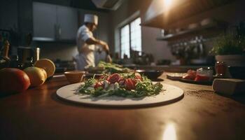 One man preparing fresh vegetarian salad in domestic kitchen generated by AI photo