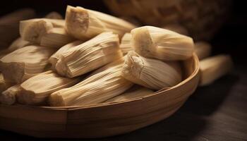 Organic vegetable bowl, a healthy gourmet meal on rustic wood table generated by AI photo