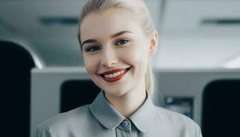 Successful young businesswoman exudes confidence and elegance in office portrait generated by AI photo