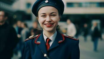 Smiling young adult in uniform standing outdoors looking at camera generated by AI photo