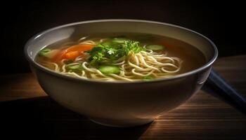 Foreground focus on homemade noodle soup with pork and vegetables generated by AI photo