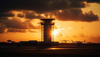 Silhouette of airplane back lit by vibrant sunset sky generated by AI photo