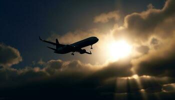 Silhouette of commercial airplane taking off into dramatic sunset sky generated by AI photo