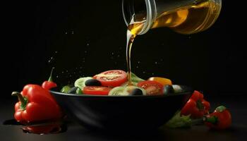 Fresco orgánico vegetal ensalada con maduro tomate y campana pimienta generado por ai foto