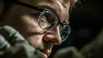 One serious man, concentration on lens, wearing eyeglasses outdoors at night generated by AI photo