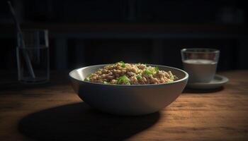 Healthy vegetarian lunch steamed rice and vegetable risotto in bowl generated by AI photo