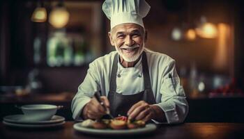 Smiling men in kitchen, one chef holding fresh plate with confidence generated by AI photo