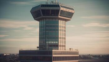 Modern skyscraper reflects futuristic air traffic control tower in cityscape generated by AI photo