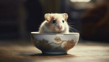 Fluffy small pets sitting in bowl, looking at food curiously generated by AI photo