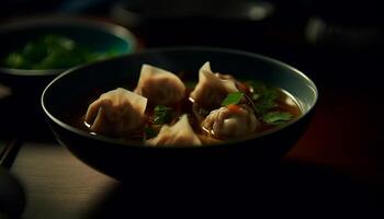 Steamed Chinese dumplings, pork and vegetable, served in crockery generated by AI photo