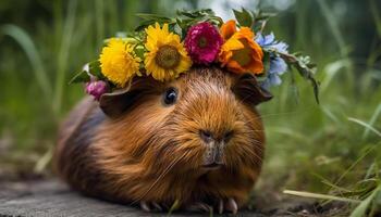 Fluffy guinea pig enjoys dandelion in green meadow outdoors generated by AI photo