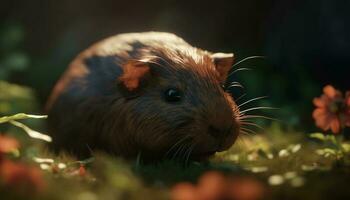 Fluffy guinea pig sitting in grass, looking shyly at camera generated by AI photo